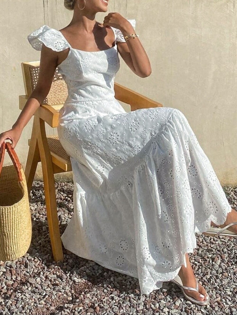 New Embroidered Eyelet Lace Ruffle Sleeve Cami Maxi Dress White - Picture 6 of 9